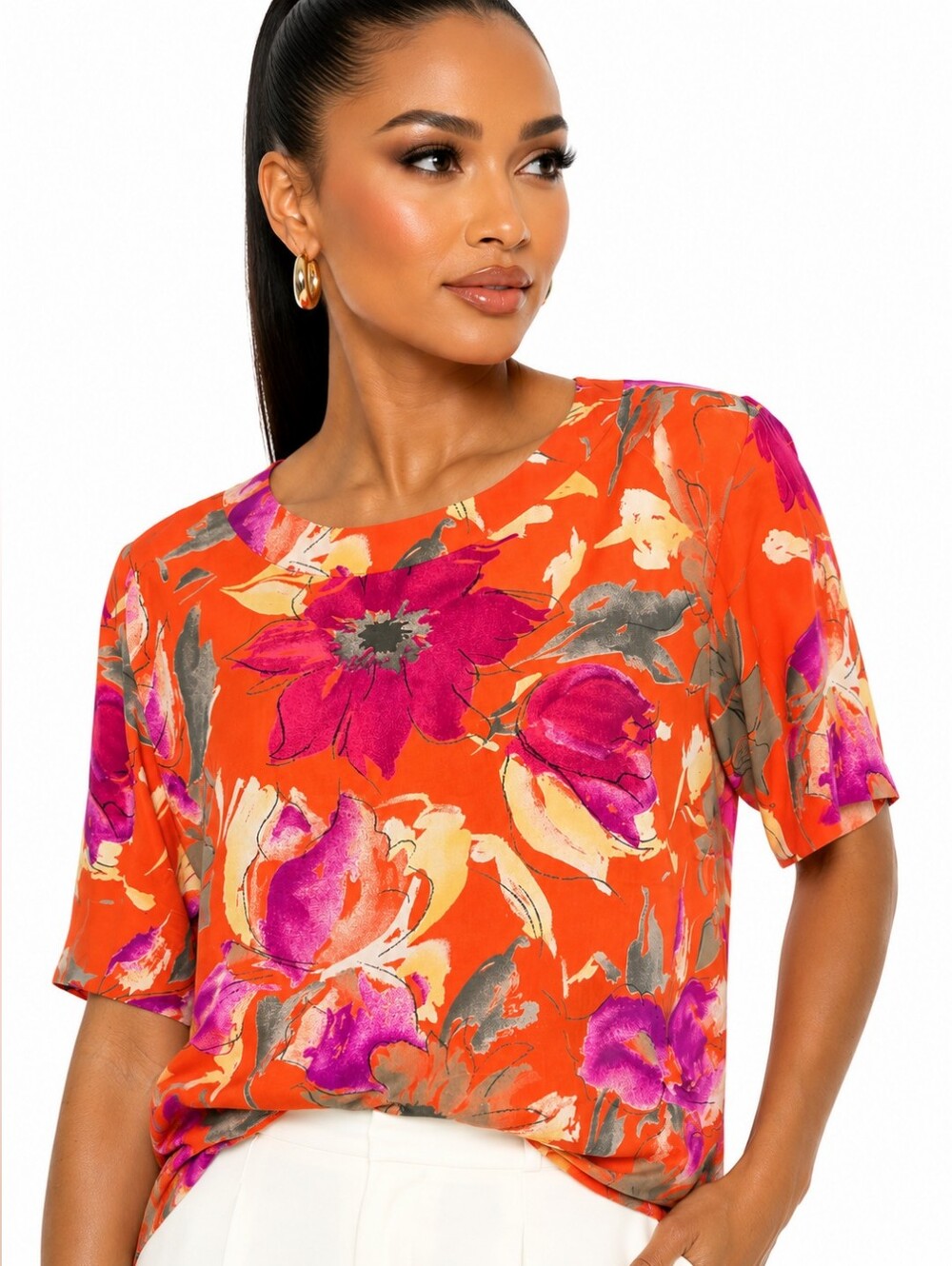 Vintage Jaeger 100% Silk Floral Blouse Orange Purple Short Sleeve Women's 10